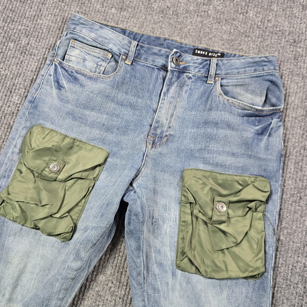 Smoke Rise Jeans Mens 34x32 Blue Straight Distressed Cargo Pocket Denim‎ 34x30